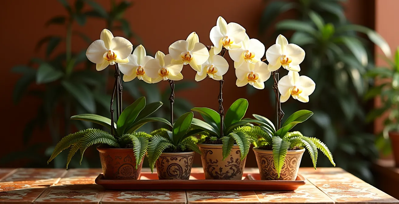 Grupo de orquídeas con helechos creando un microclima húmedo inspirado en un patio andaluz.