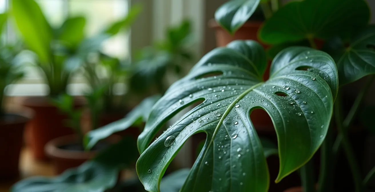 Rincón de salón con grupo denso de plantas tropicales creando una isla de frescor visible