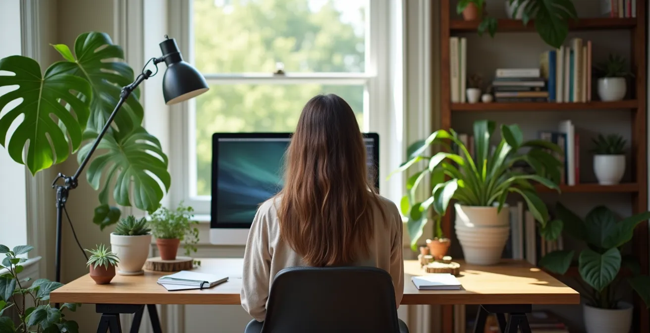 Despacho en casa con plantas estratégicamente colocadas para mejorar el foco y la productividad.