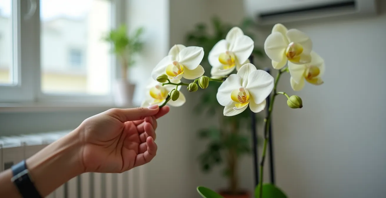 Orquídea Phalaenopsis con botones florales en una habitación, mostrando zonas seguras lejos de corrientes y zonas peligrosas cerca de un aire acondicionado.