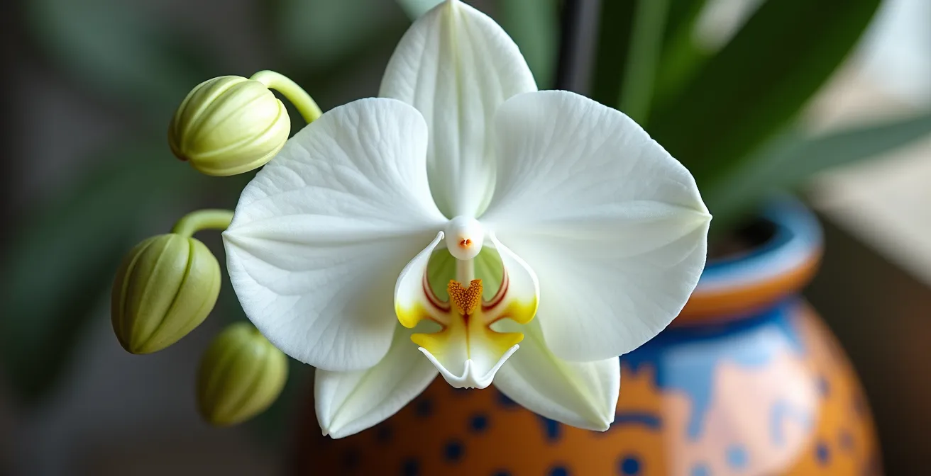 Orquídea Phalaenopsis blanca en maceta de cerámica artesanal con detalles tradicionales españoles