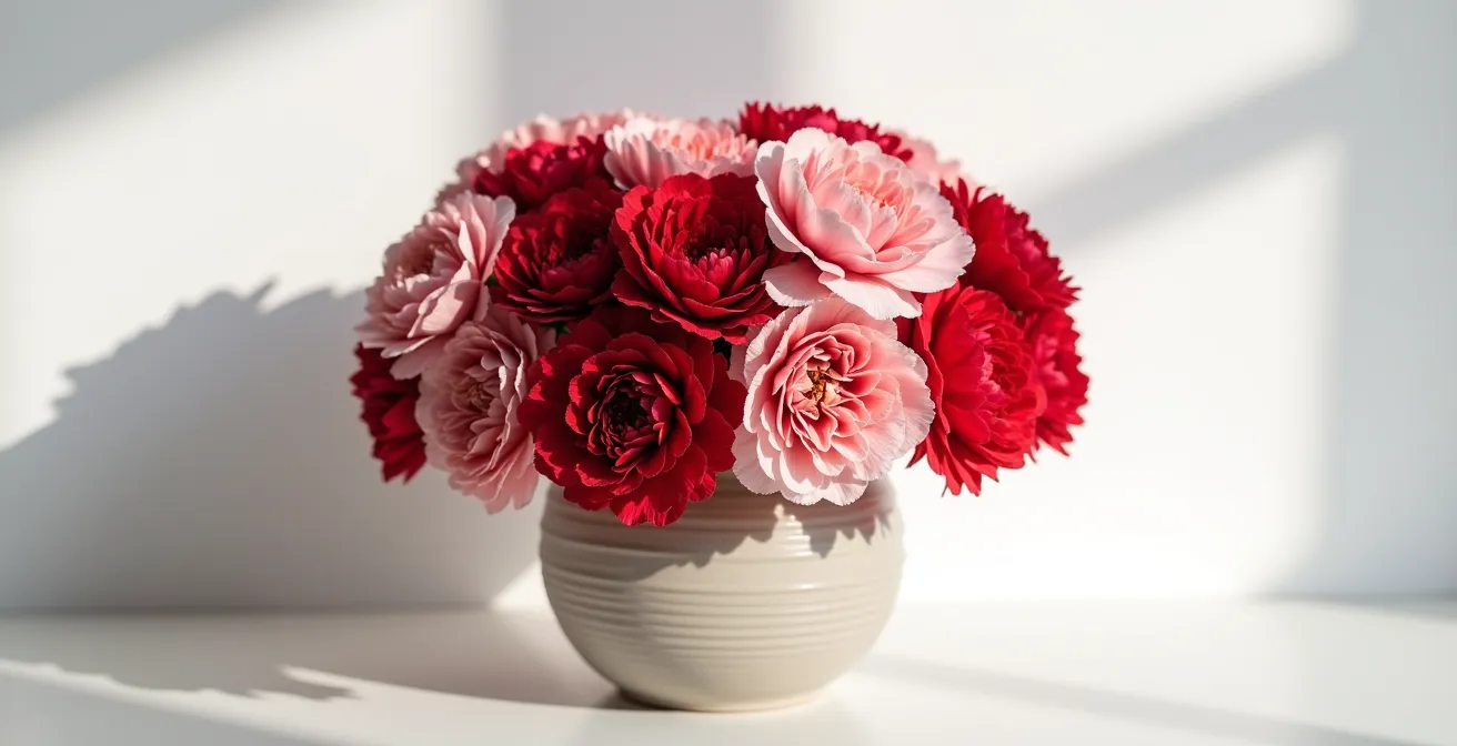 Arreglo monocromático elegante con claveles rojos españoles en diferentes tonalidades