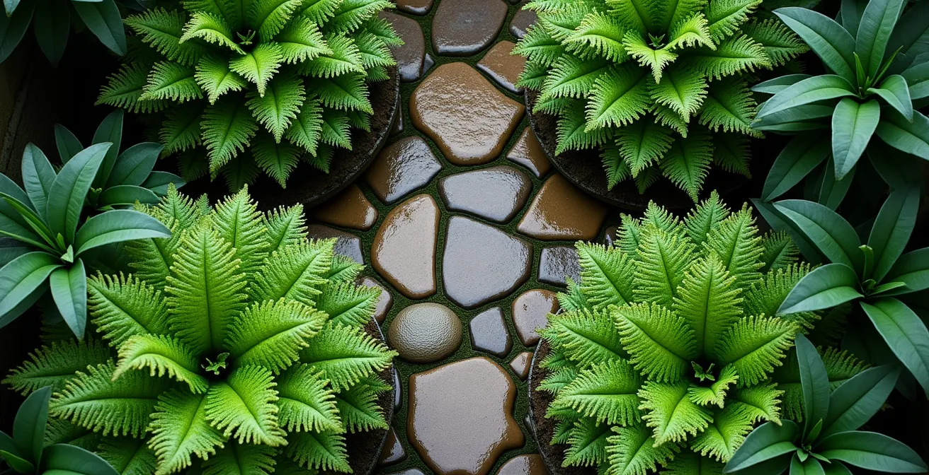 Vista cenital de patio inglés con helechos y plantas de sombra en ambiente húmedo
