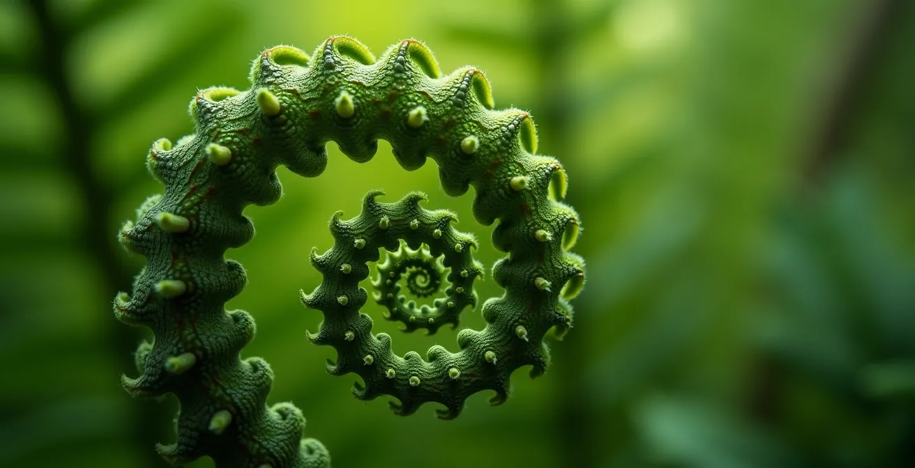 Primer plano de hojas de helecho mostrando patrones fractales naturales que inducen a la relajación.