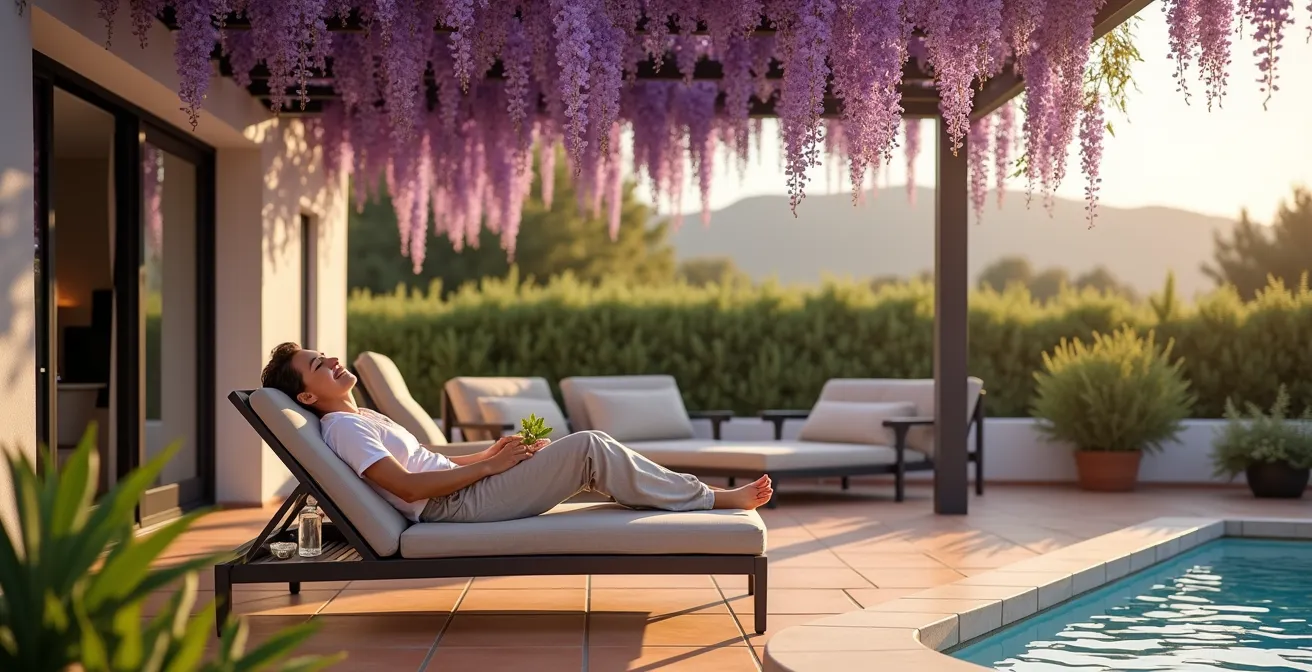 Pérgola bioclimática con glicinia en floración sobre terraza orientada al sur