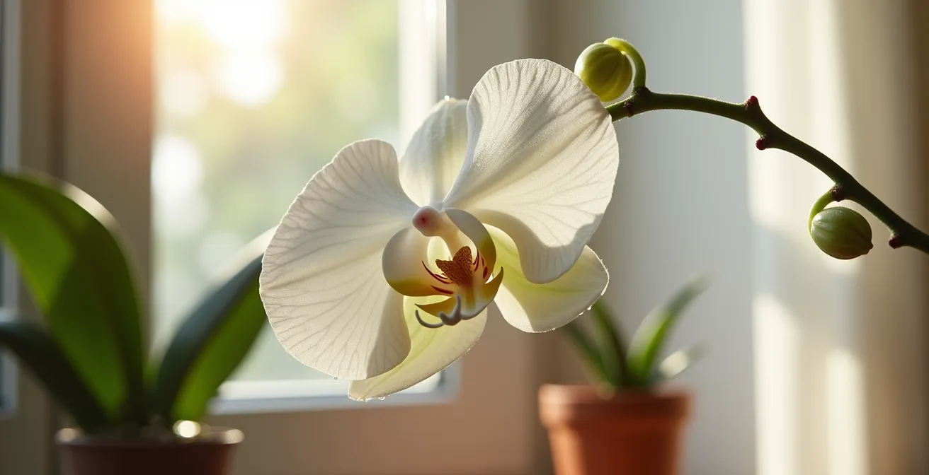 Orquídea Phalaenopsis blanca en interior español con luz tamizada y sistema de humedad con guijarros