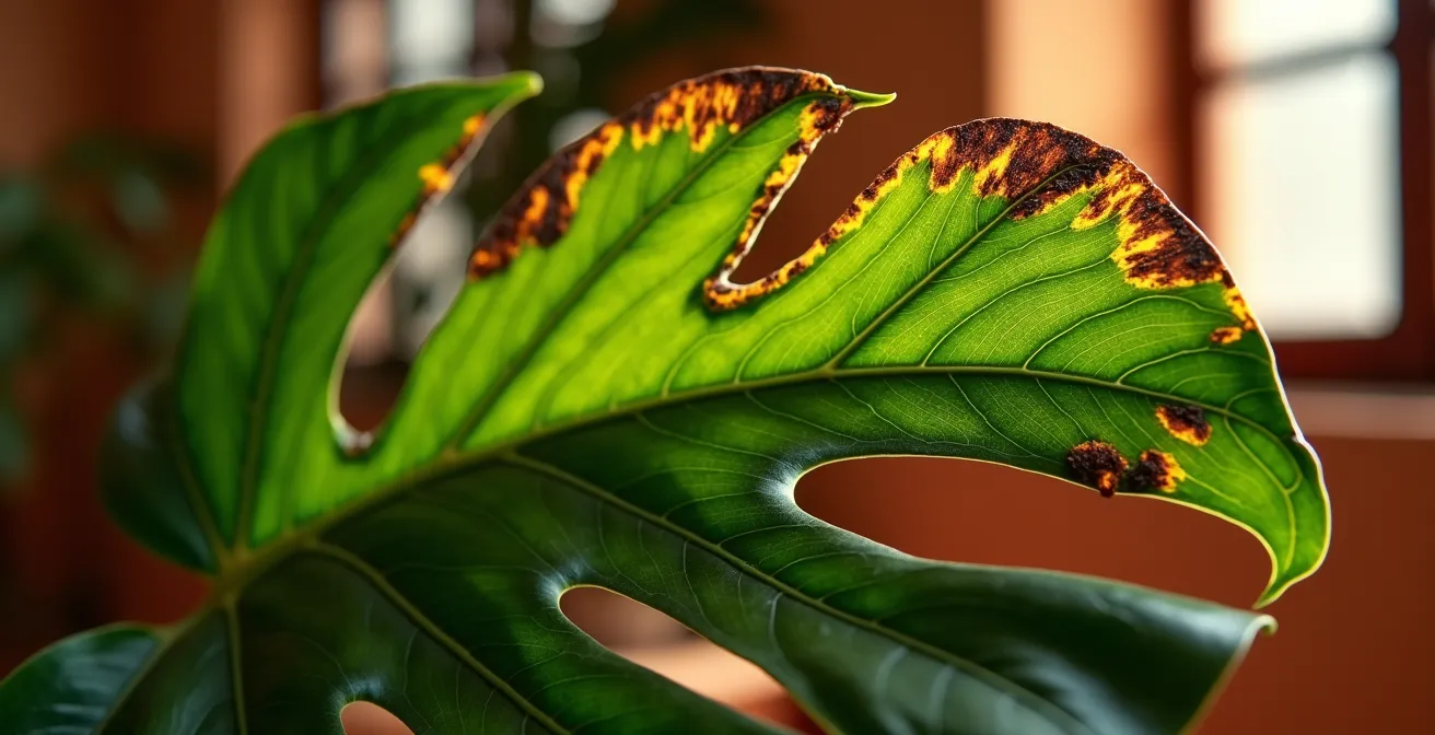 Planta Monstera cerca de ventana con hojas mostrando quemaduras por sol directo en España