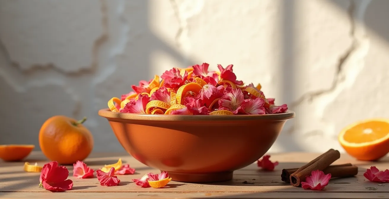 Composición de popurrí andaluz con pétalos de rosa y clavel, piel de naranja seca y canela sobre cerámica tradicional