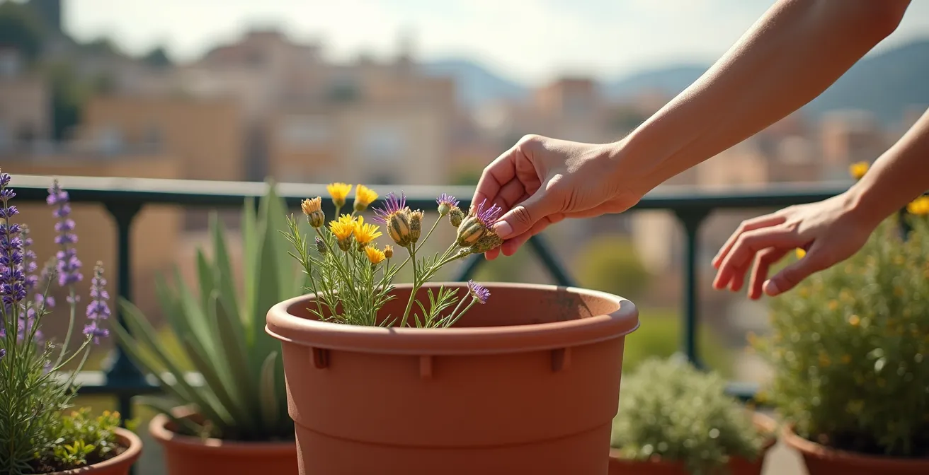 Manos depositando flores marchitas en un contenedor marrón de compostaje urbano