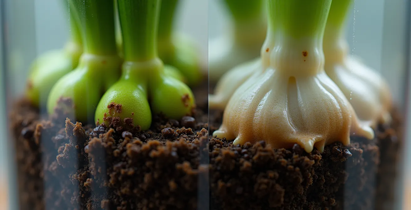 Comparación de raíces verdes hidratadas y raíces plateadas secas de orquídea en maceta transparente