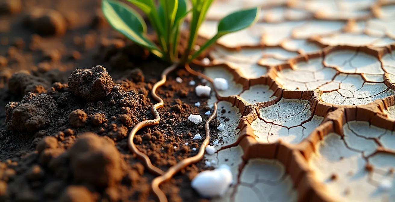 Vista en corte del suelo mostrando raíces de planta y cristales de sal en tierra seca