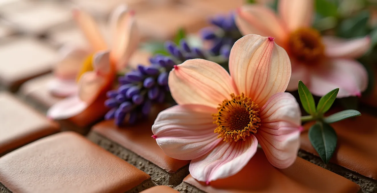Ramo de flores preservadas con lavanda, siempreviva y eucalipto en interior español tradicional