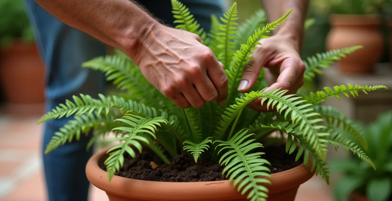 Sistema de gotero de estaca insertado en maceta de helecho regando directamente las raíces