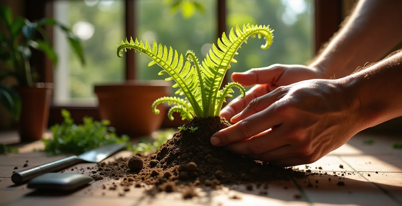 Detalle macro de rizoma de helecho con nuevos brotes verdes emergiendo de la base tras poda invernal