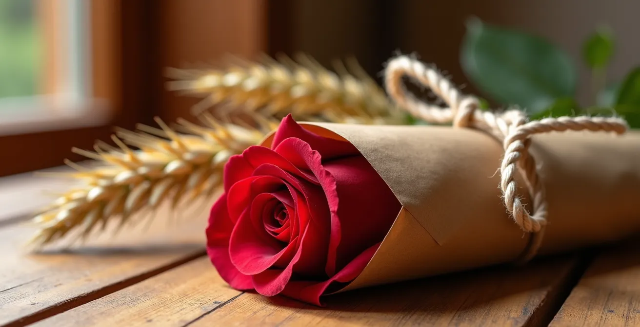 Rosa roja envuelta en papel kraft y atada con cuerda de esparto tradicional española