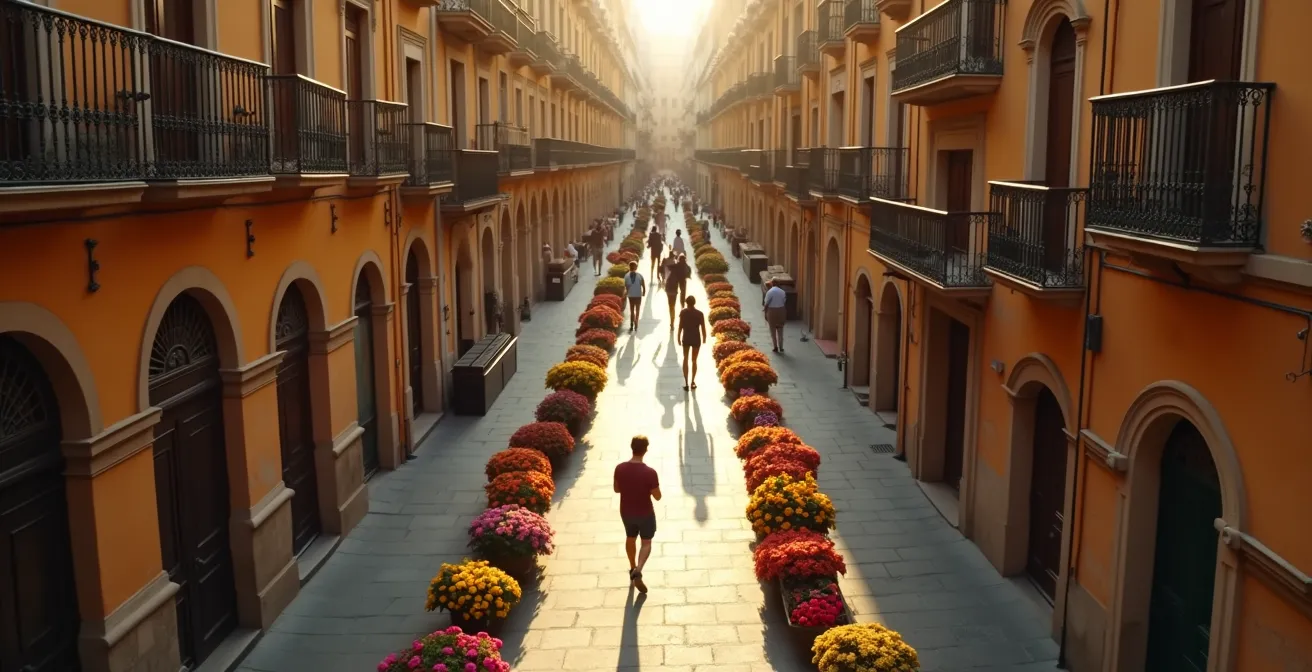 Vista aérea de calles menos transitadas de Barcelona con puestos de rosas