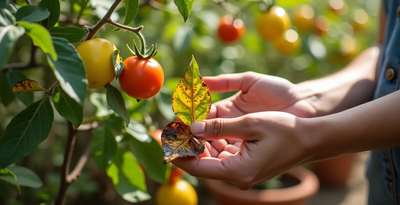 Hojas de limonero mostrando bordes quemados por exceso de fertilización orgánica