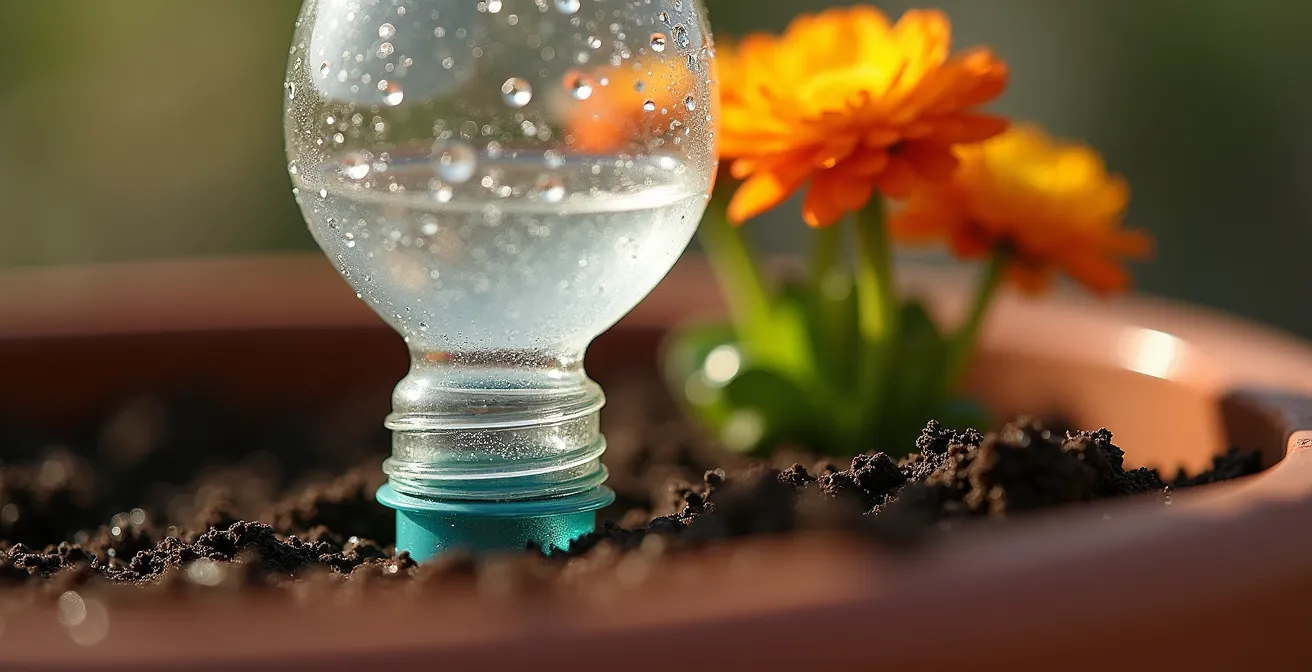 Sistema de autorriego casero con botella enterrada junto a flores en un jarrón de cementerio