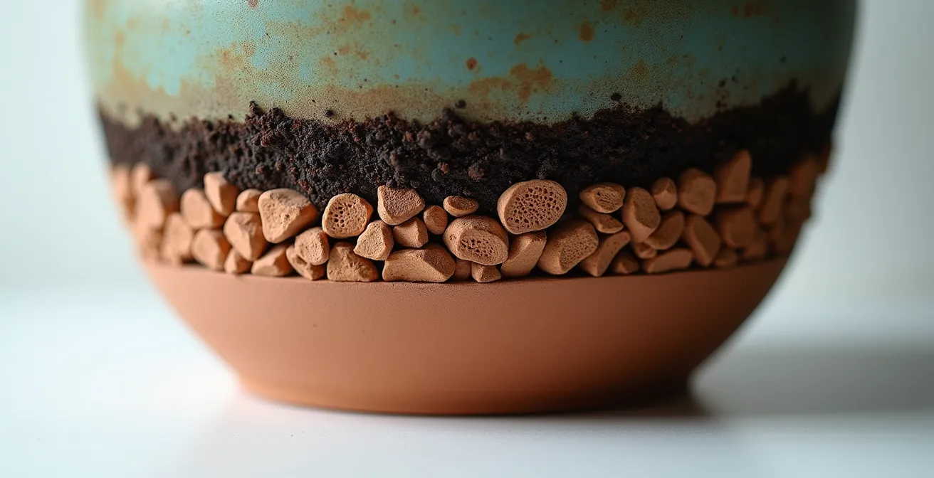 Sección transversal de una maceta decorativa mostrando el sistema de falso fondo con arlita