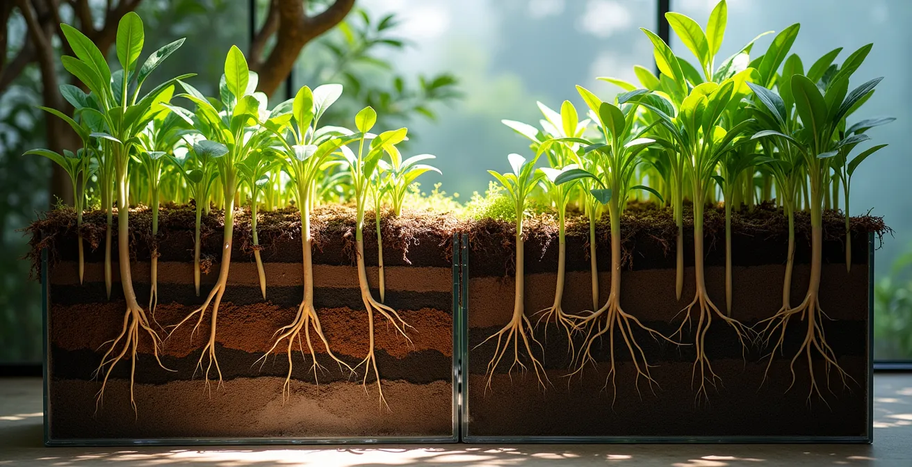 Vista lateral del desarrollo de raíces profundas bajo técnica de riego espaciado