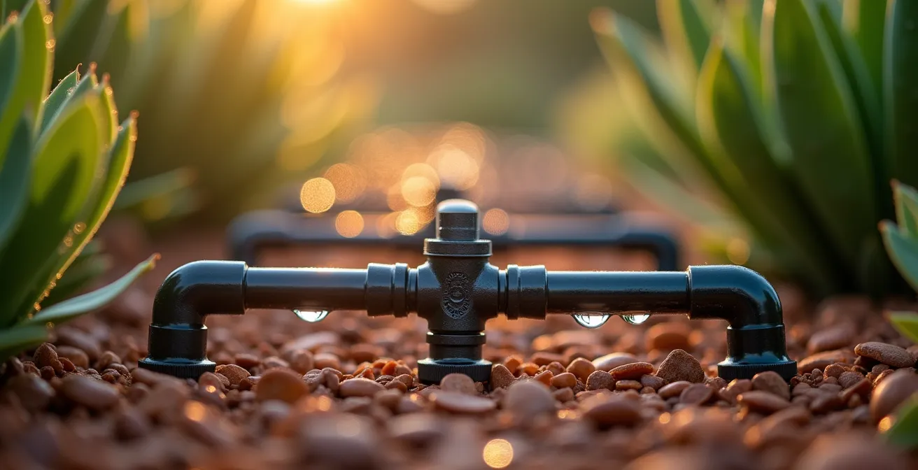 Sistema de riego por goteo automatizado integrado en jardín mediterráneo con programador inteligente