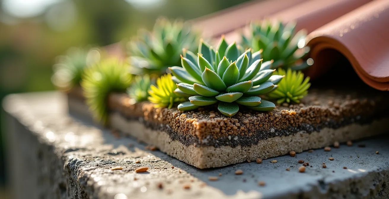 Vista en sección de techo verde sobre garaje mostrando capas de instalación con plantas Sedum
