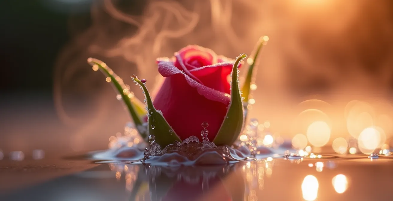 Detalle macro de un tallo de rosa sumergido parcialmente en agua caliente con vapor visible