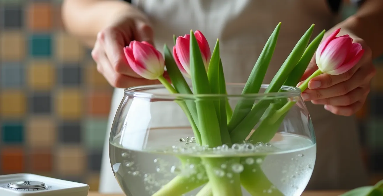 Manos sumergiendo tallos de tulipanes en recipiente con agua tibia junto a ventana con luz indirecta