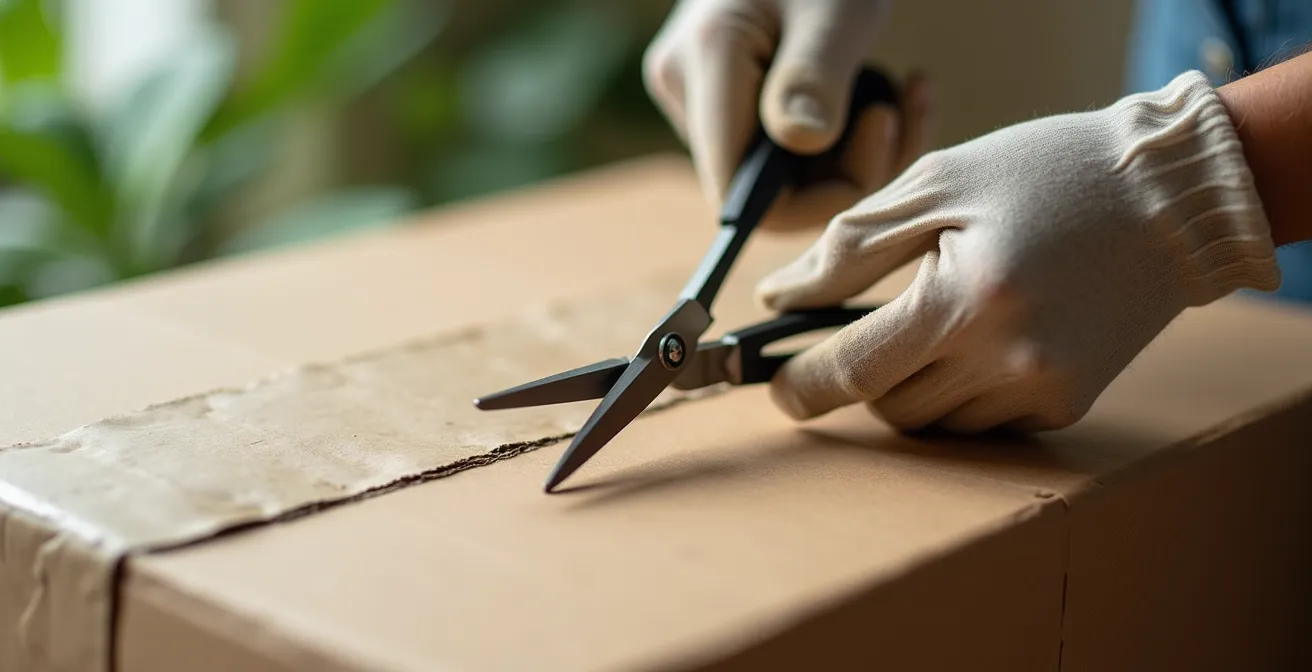 Manos cortando cuidadosamente una caja de envío por los lados con tijeras
