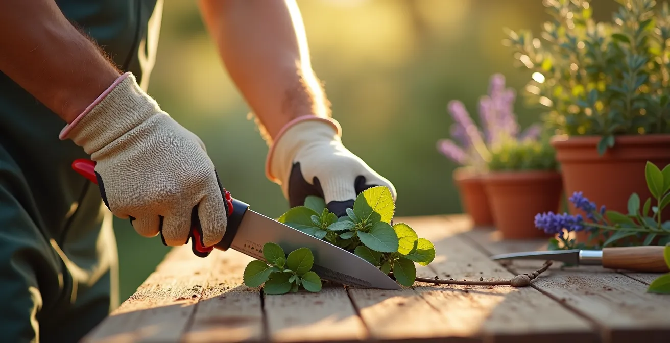 Manos con guantes cortando en cruz el tallo leñoso de una hortensia sobre superficie de madera