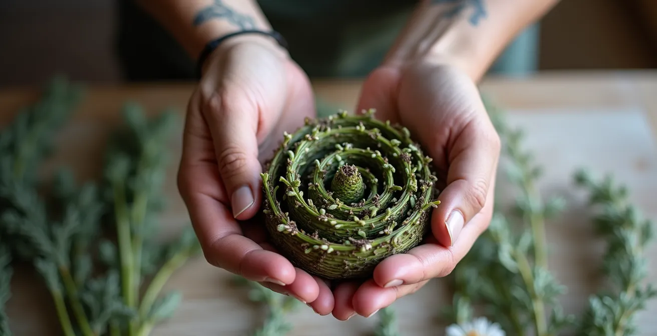 Manos expertas creando un ramo en espiral con flores y follaje mediterráneo