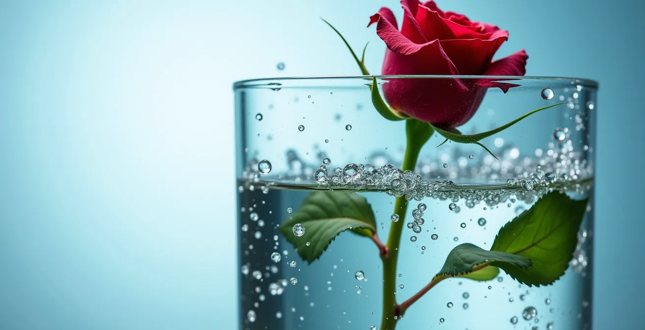 Técnica de inmersión completa del tallo de rosa en agua para rehidratación