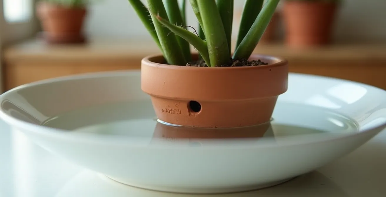 Maceta de terracota sumergida parcialmente en recipiente con agua mostrando la técnica de riego por inmersión