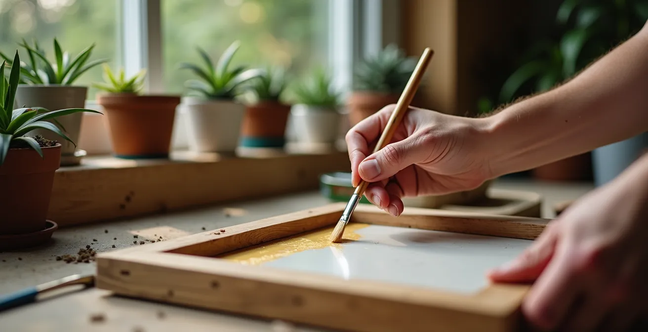 Marco de madera tratada con lasur mostrando textura impermeabilizada para cuadro vivo