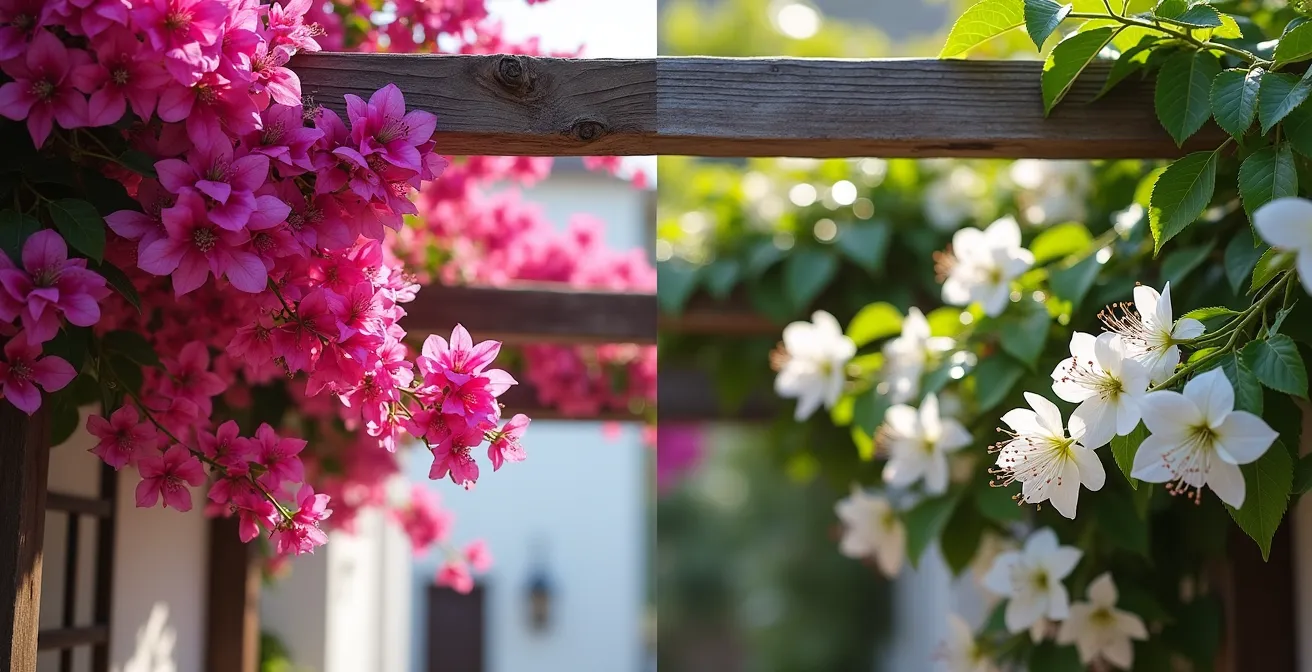 Comparación visual de bougainvillea y jazmín cubriendo una pérgola andaluza