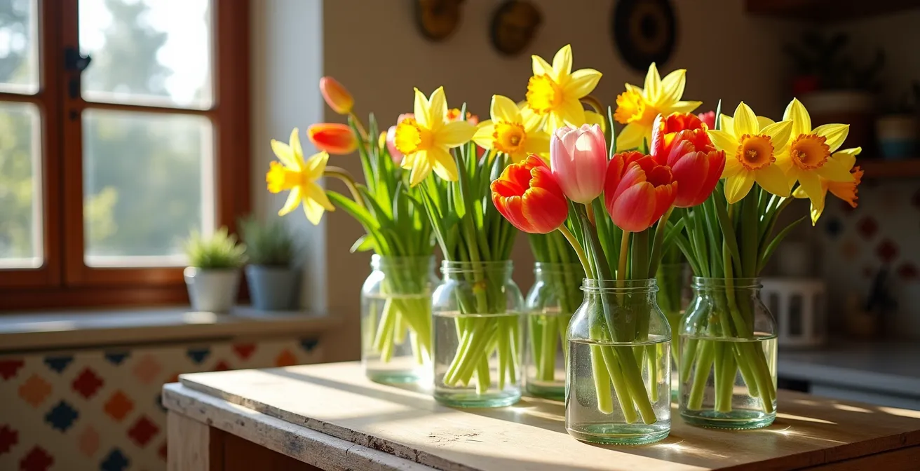 Tulipanes holandeses y narcisos en jarrón con conservante específico para bulbosas