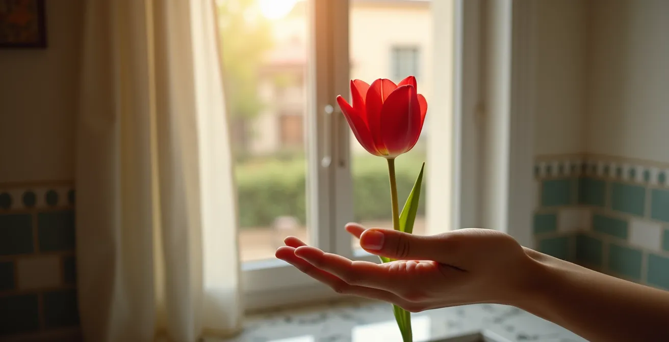 Tulipanes rojos en jarrón minimalista con arquitectura española de fondo