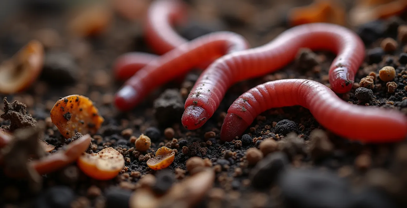 Primer plano de lombrices rojas californianas procesando materia orgánica en vermicompostador